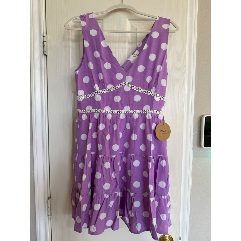 Small Feel In LA Womens Purple Polka‎ Dot Tiered Mini Dress V-Neck Crochet Lace